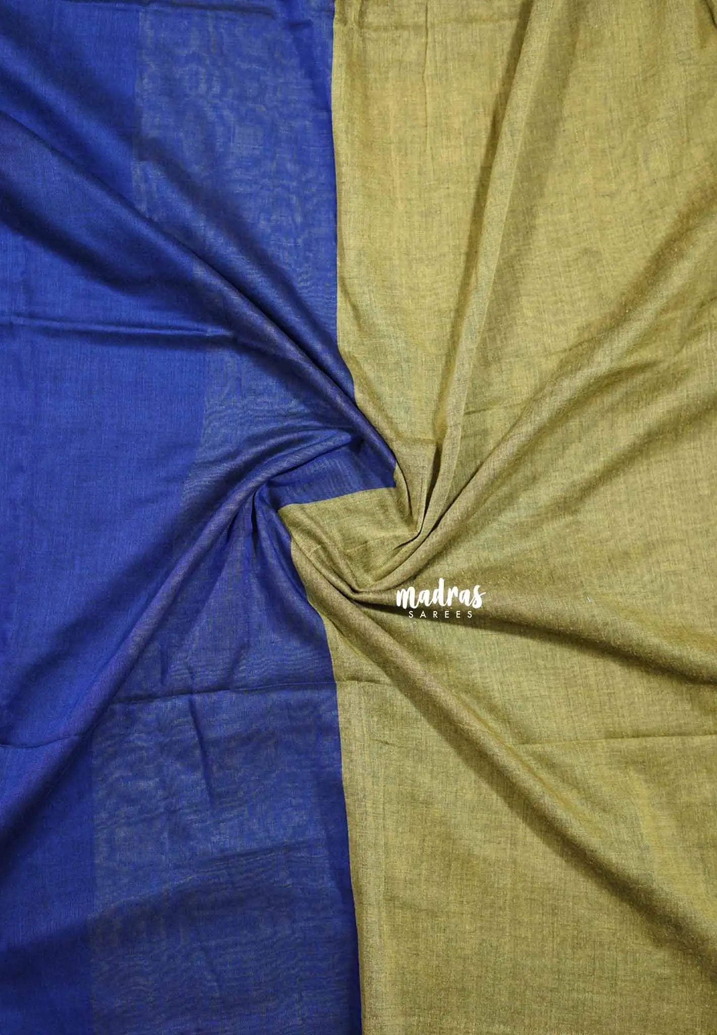 Blue with khaki pallu - Soft handloom cotton Saree with contrast pallu and blouse  - Shruti