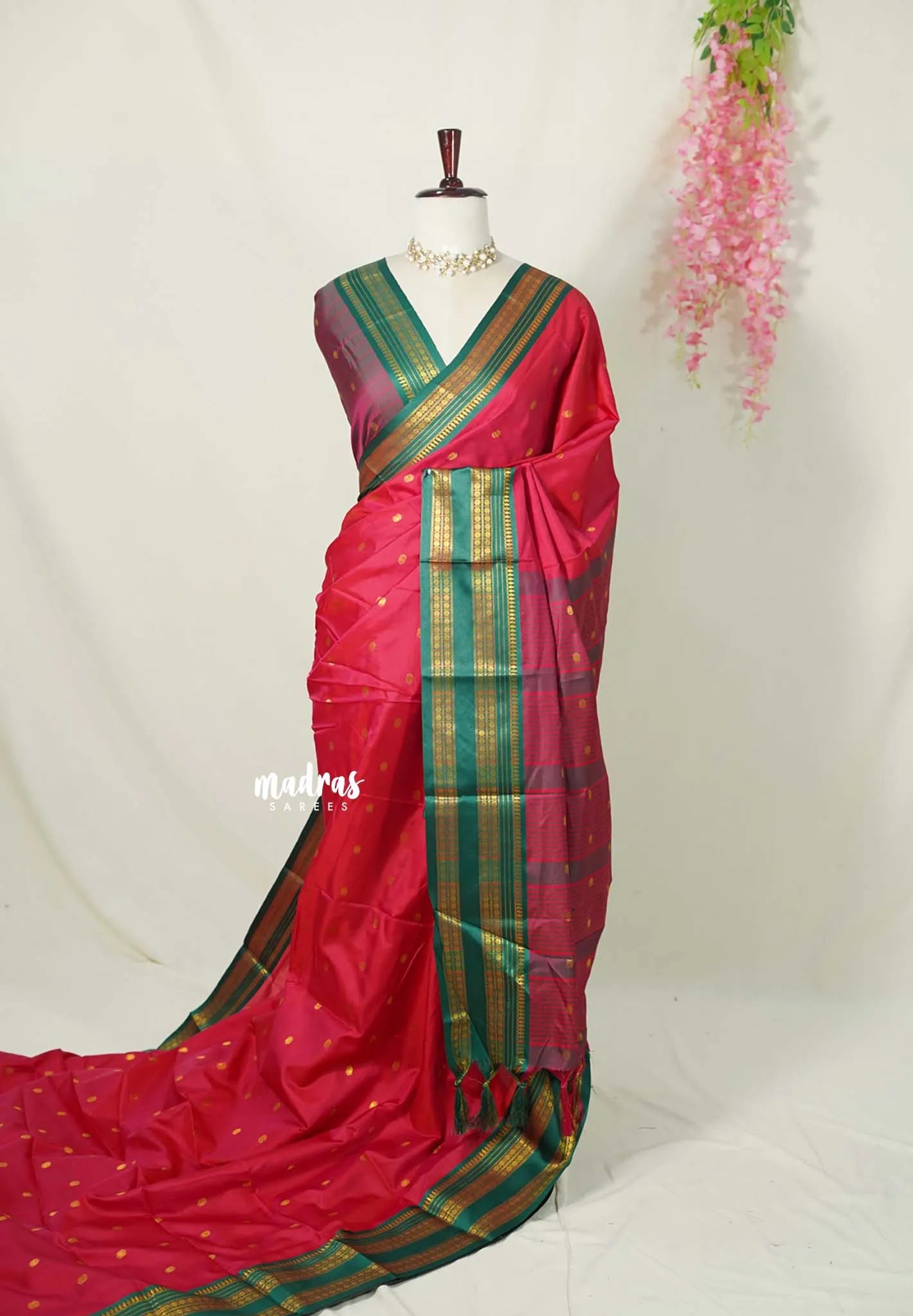 Reddish Pink - Sico Gadwal semi silk cotton saree with Rettapet Rudraksham Border - Best for Wedding Functions