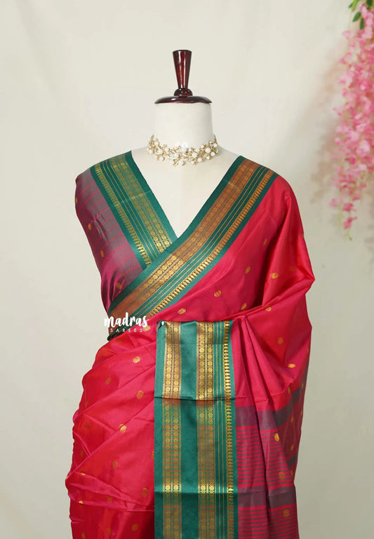 Reddish Pink - Sico Gadwal semi silk cotton saree with Rettapet Rudraksham Border - Best for Wedding Functions