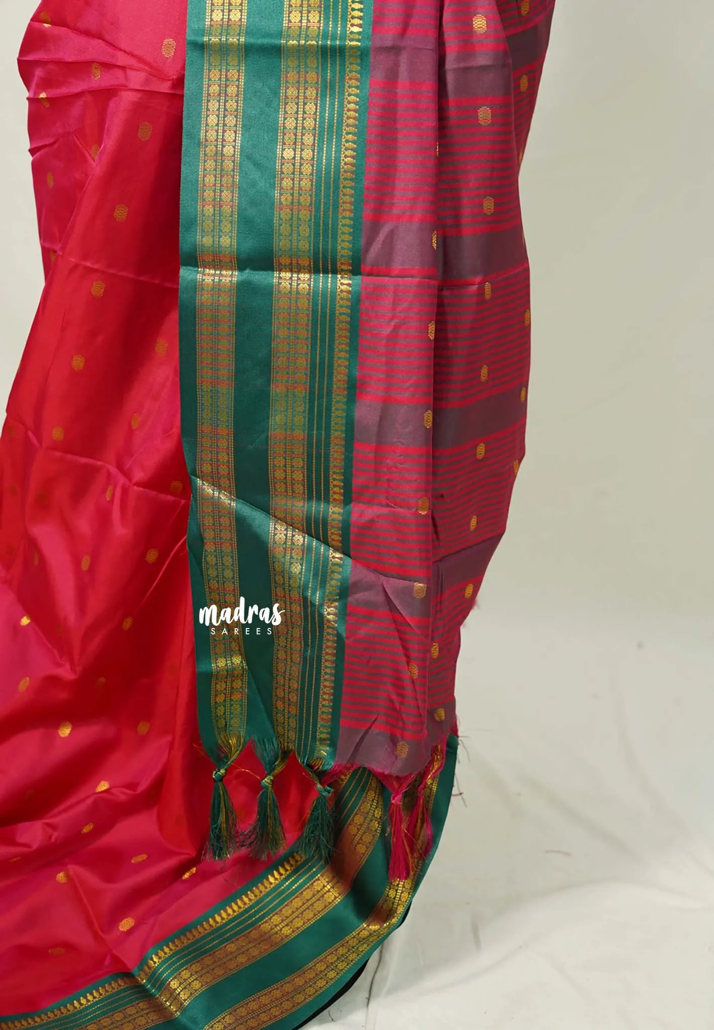 Reddish Pink - Sico Gadwal semi silk cotton saree with Rettapet Rudraksham Border - Best for Wedding Functions