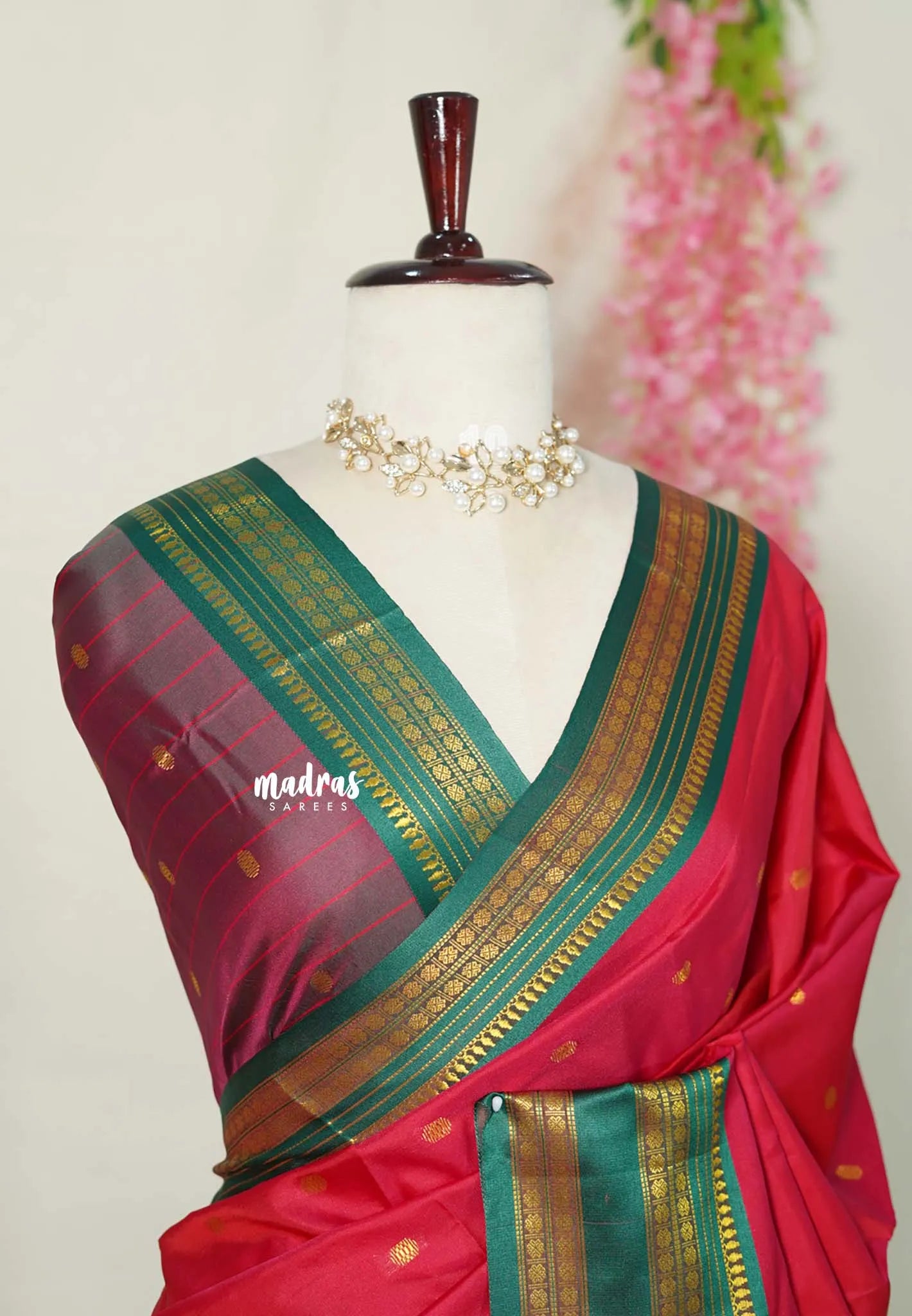 Reddish Pink - Sico Gadwal semi silk cotton saree with Rettapet Rudraksham Border - Best for Wedding Functions