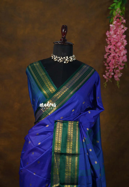 MS Amma Blue - Sico Gadwal Rettapet Border Saree with Buttas - Best for Wedding Functions