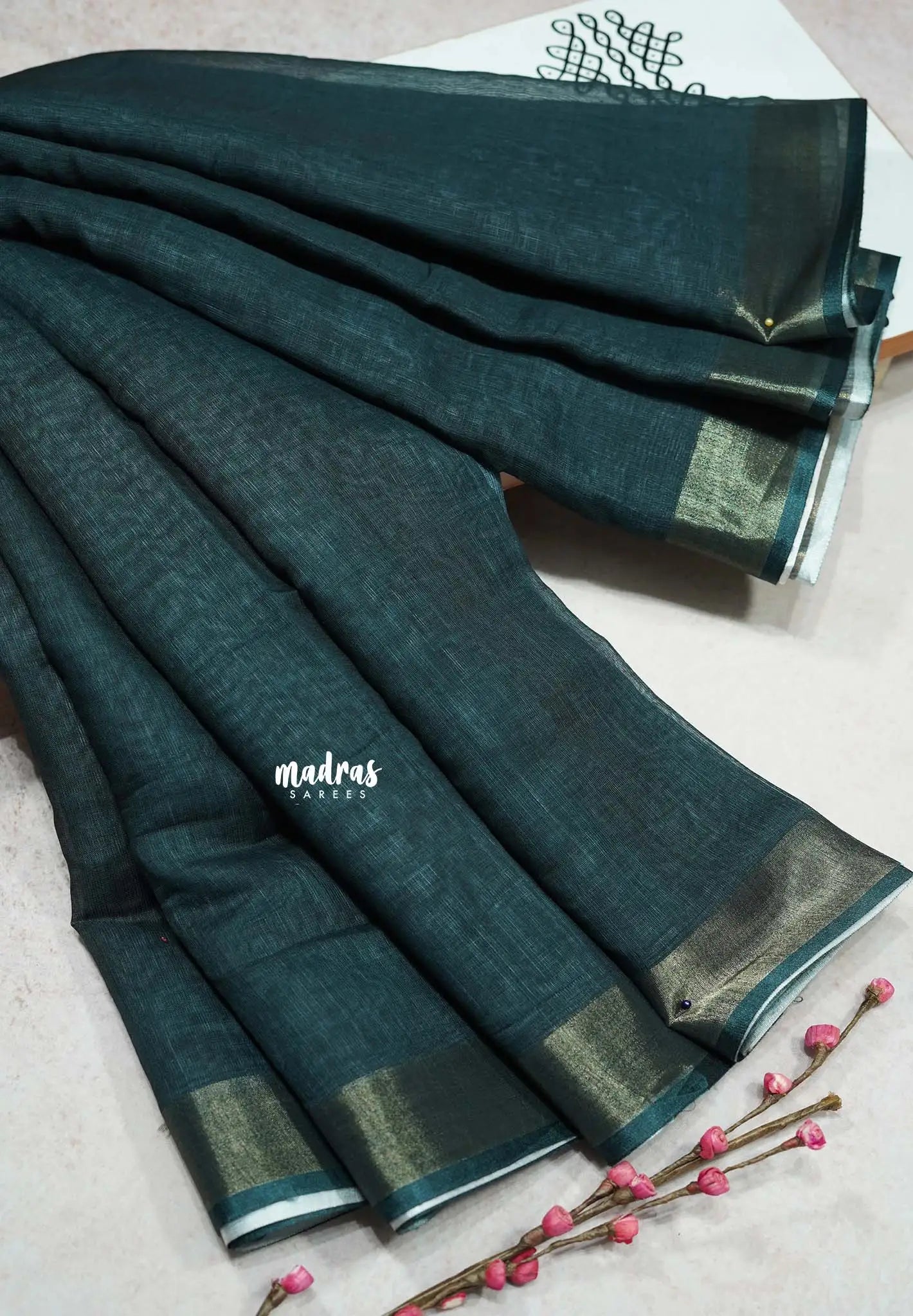 Dark Teal Green - Bharat Darshan Soft linen cotton Saree Indian Art Motifs