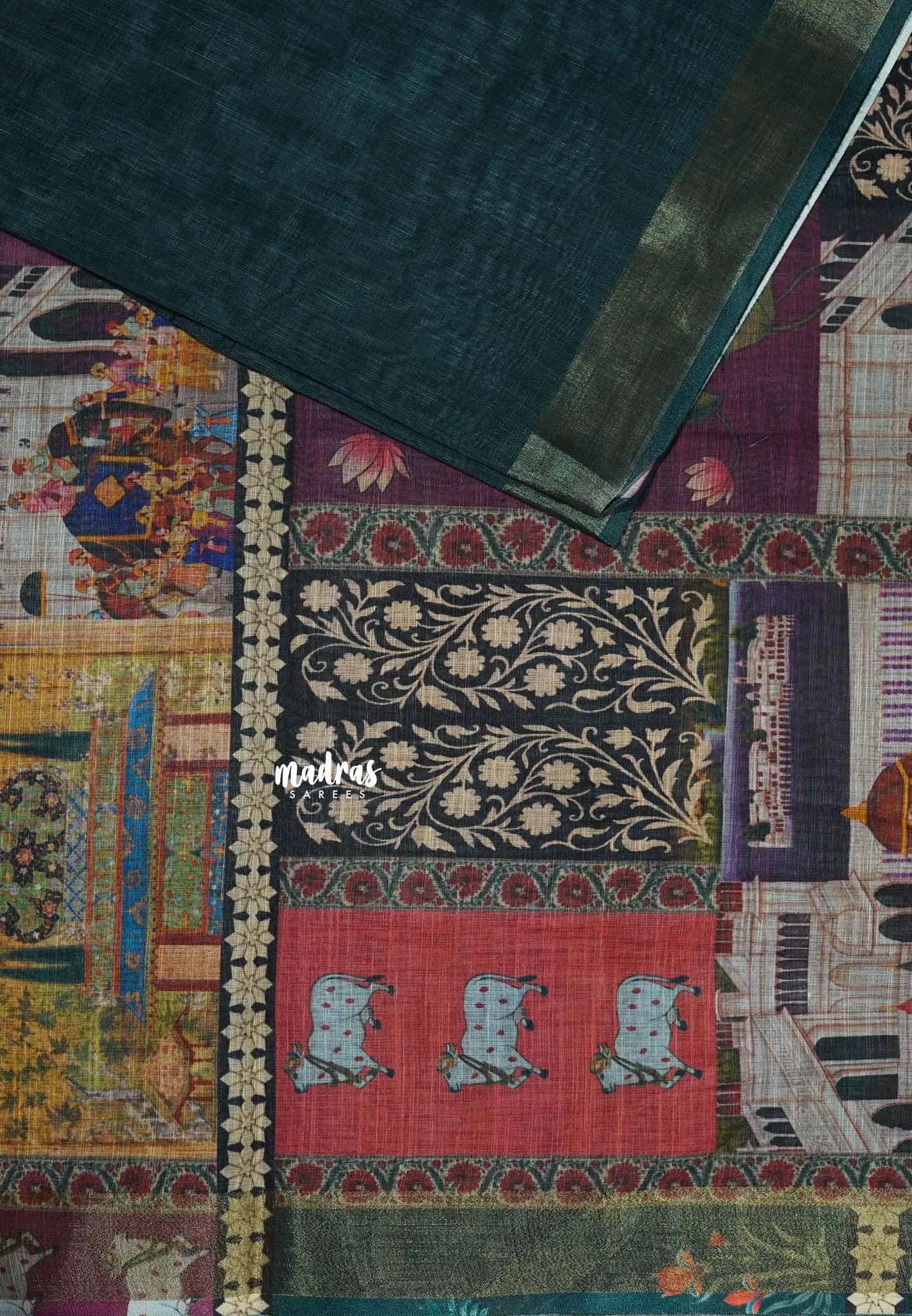 Dark Teal Green - Bharat Darshan Soft linen cotton Saree Indian Art Motifs