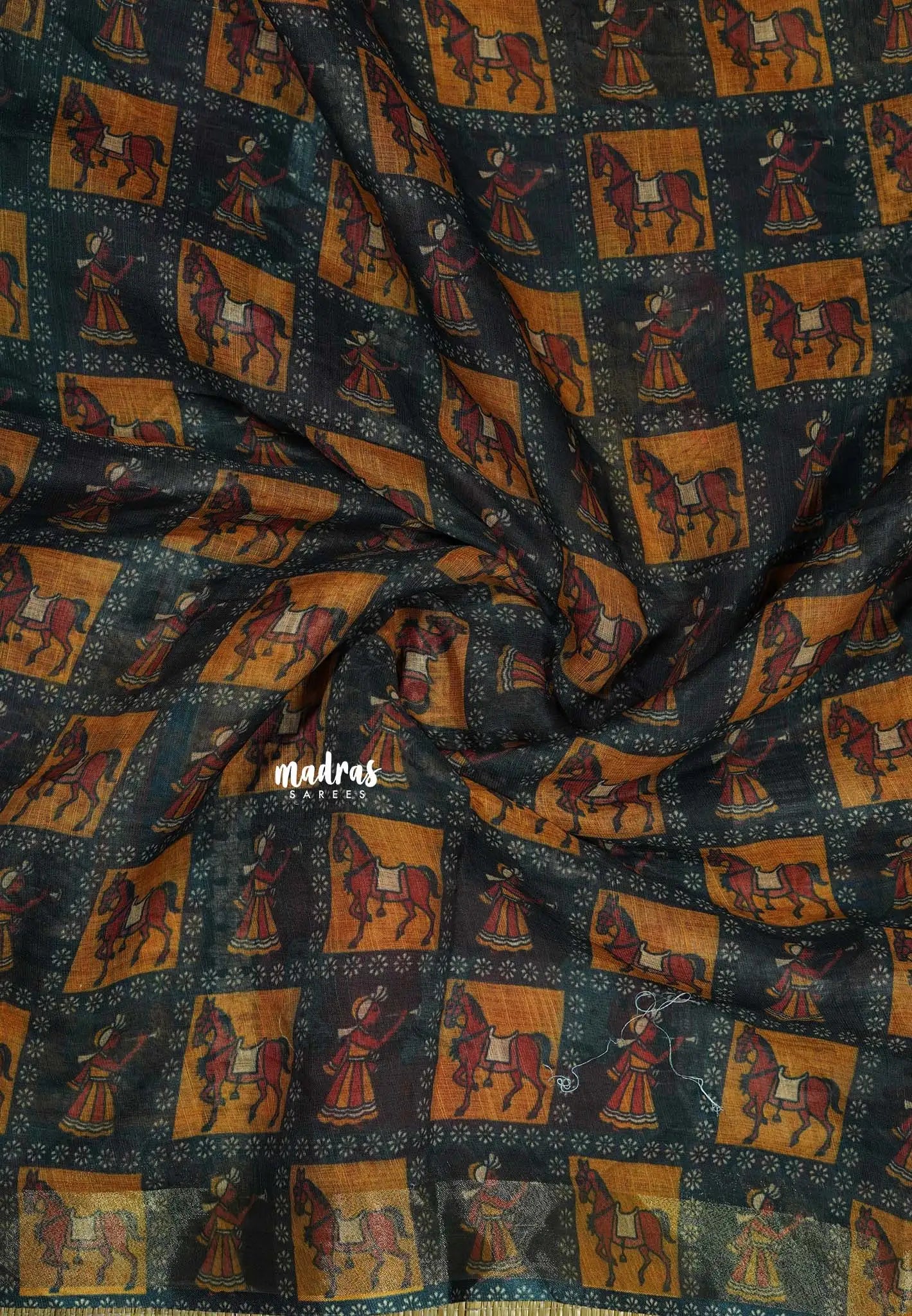 Dark Teal Green - Bharat Darshan Soft linen cotton Saree Indian Art Motifs