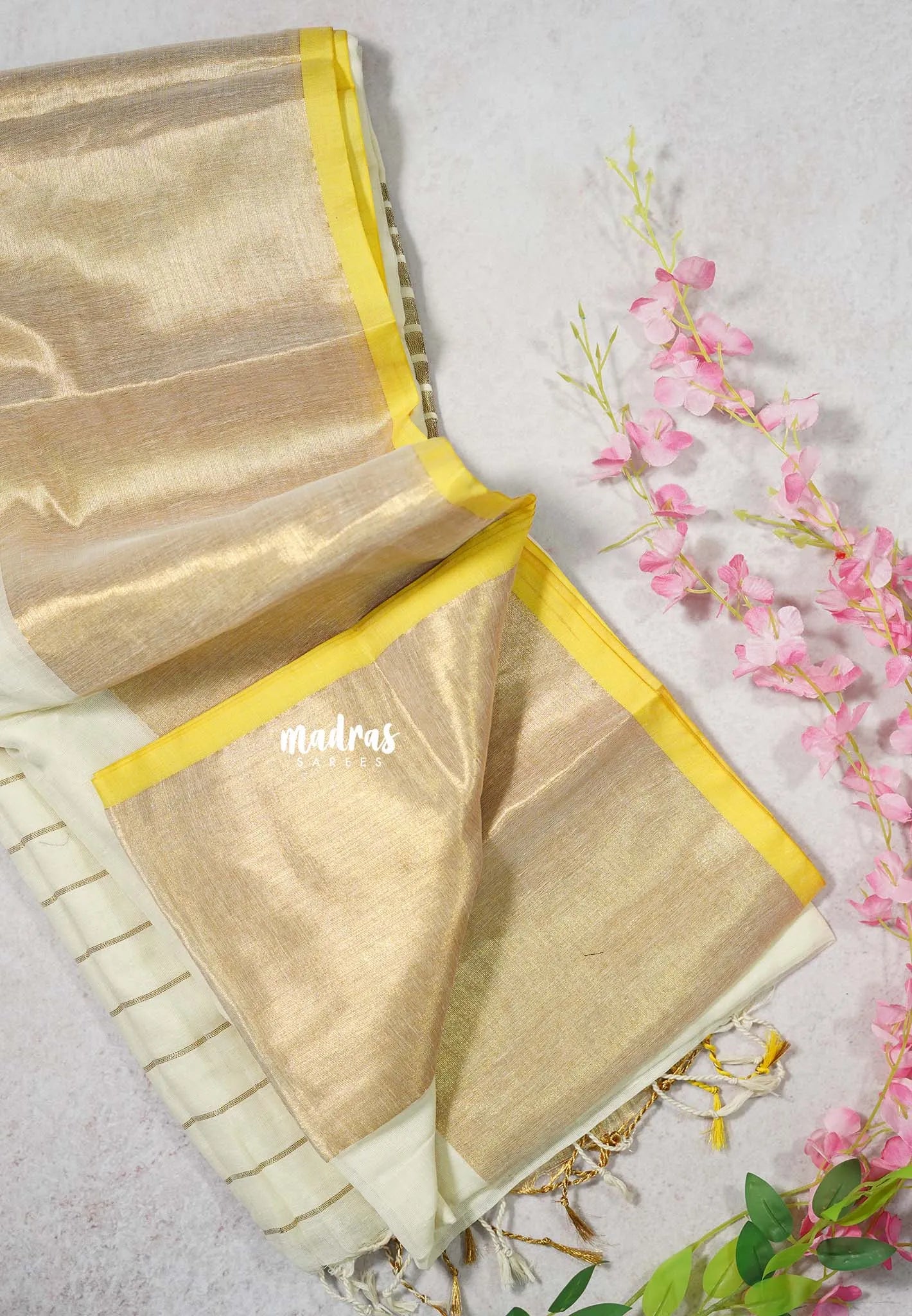 Ivory Cream - Soft Mul cotton saree with Tissue Border No Blouse - Perfect for Evening party | Reception