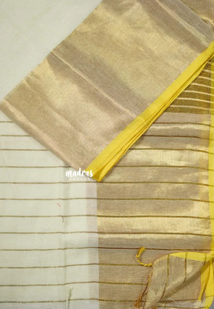 Ivory Cream - Soft Mul cotton saree with Tissue Border No Blouse - Perfect for Evening party | Reception