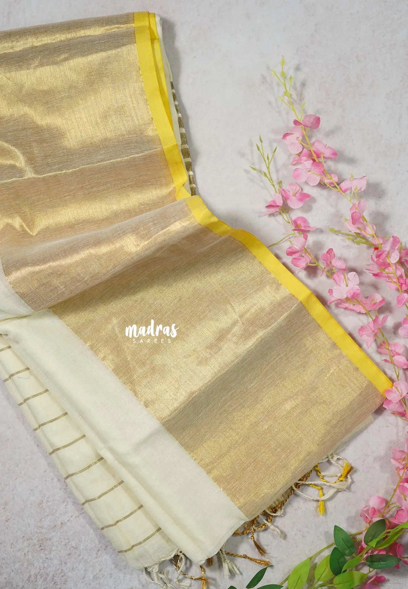 Ivory Cream - Soft Mul cotton saree with Tissue Border No Blouse - Perfect for Evening party | Reception