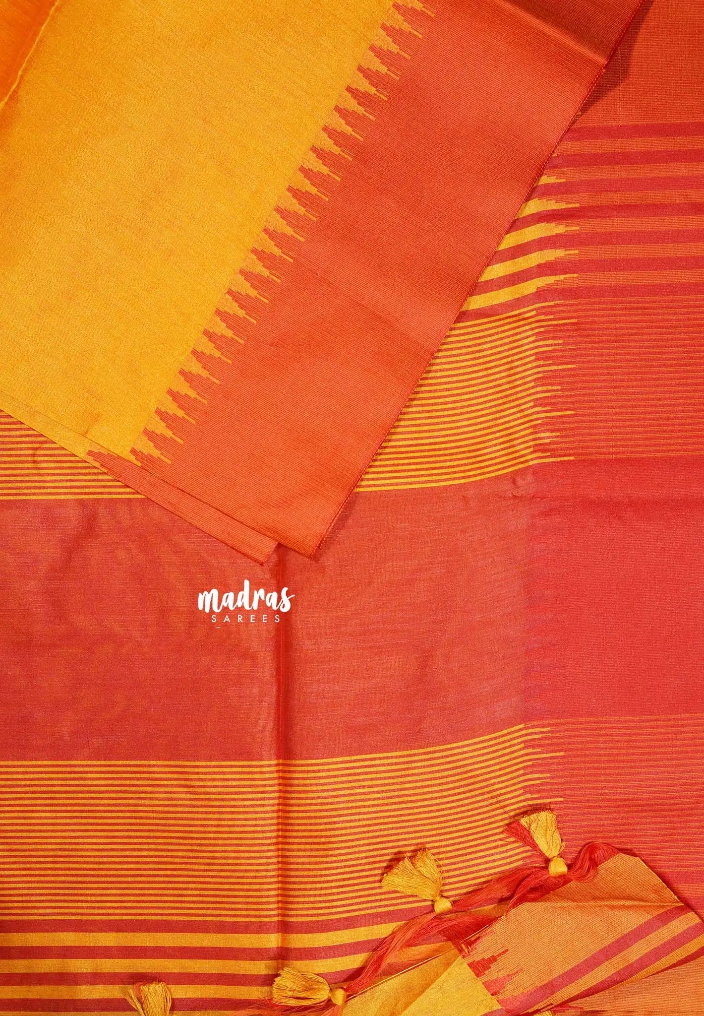 Sunlit Mustard Orange - Tansui silk cotton Saree plain body  with temple border