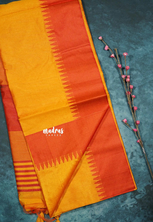Sunlit Mustard Orange - Tansui silk cotton Saree plain body  with temple border