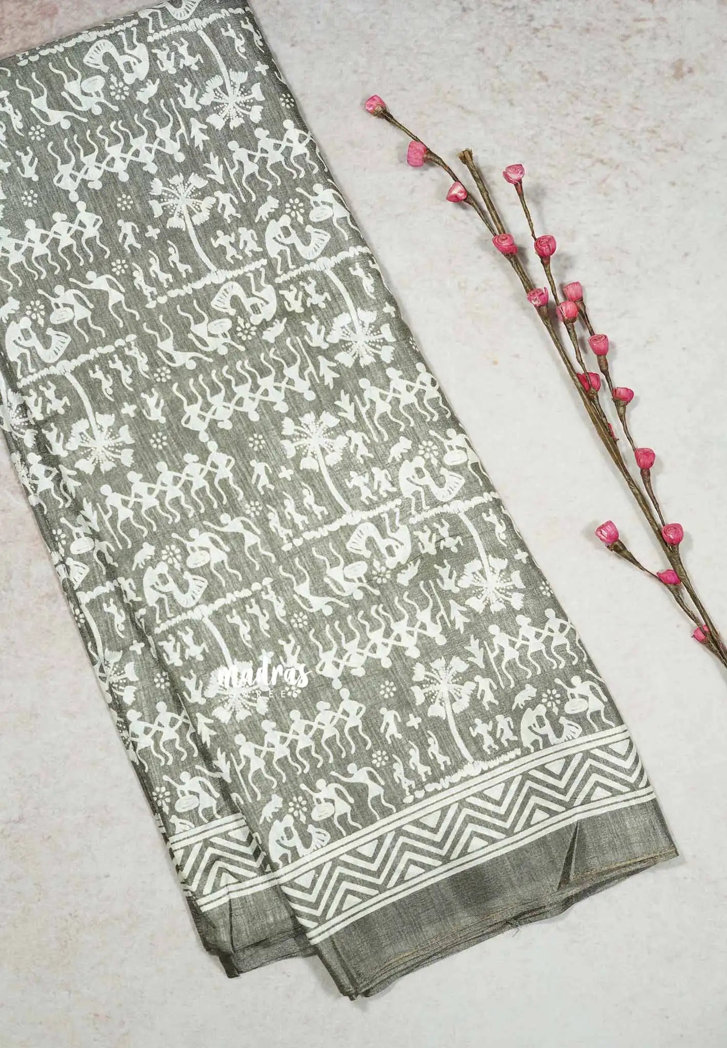 Pastel Grey - Uniform sarees Malgudi printed silk cotton warli prints