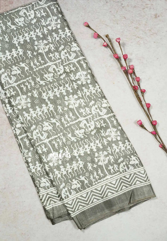Pastel Grey - Uniform sarees Malgudi printed silk cotton warli prints
