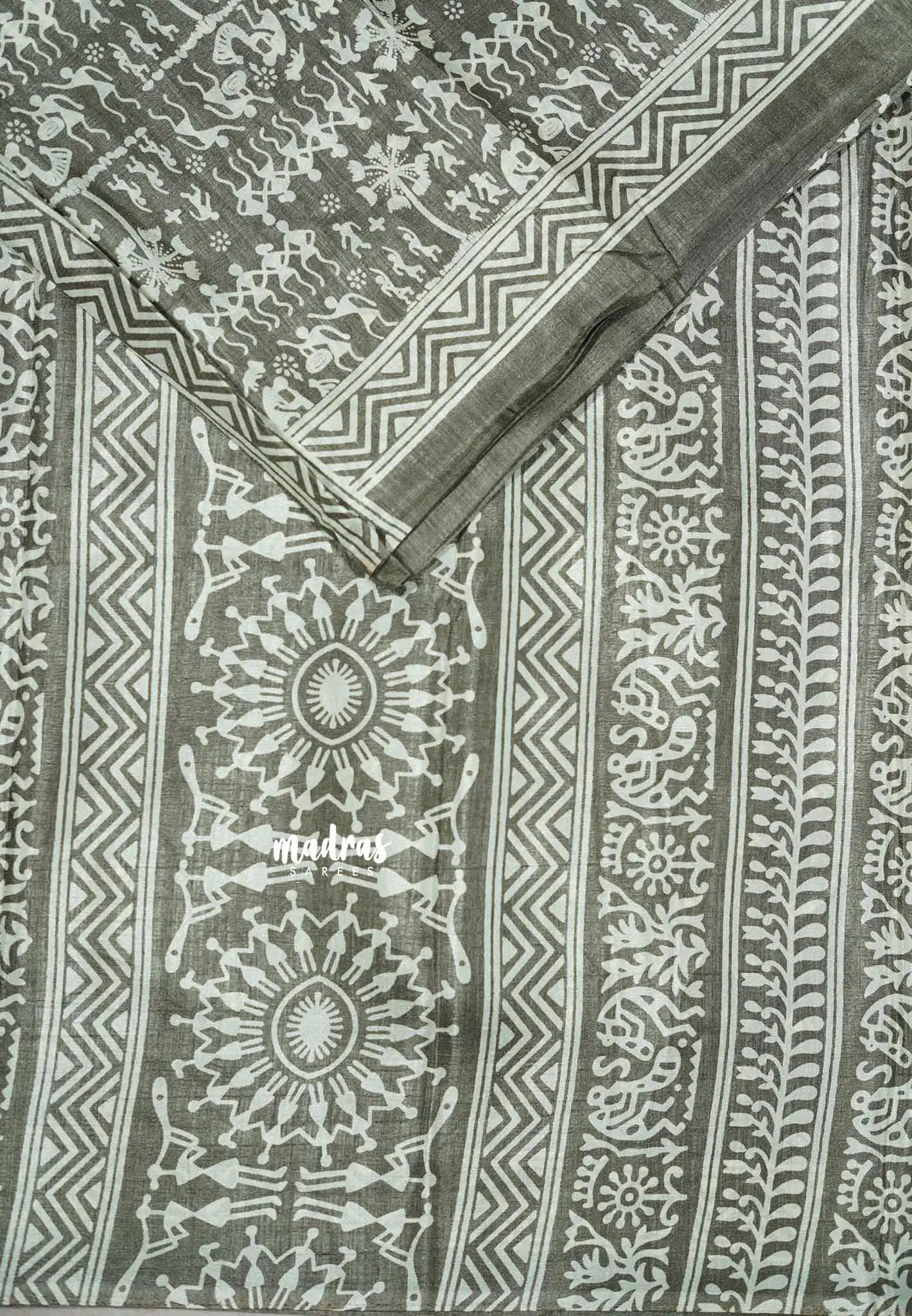 Pastel Grey - Uniform sarees Malgudi printed silk cotton warli prints