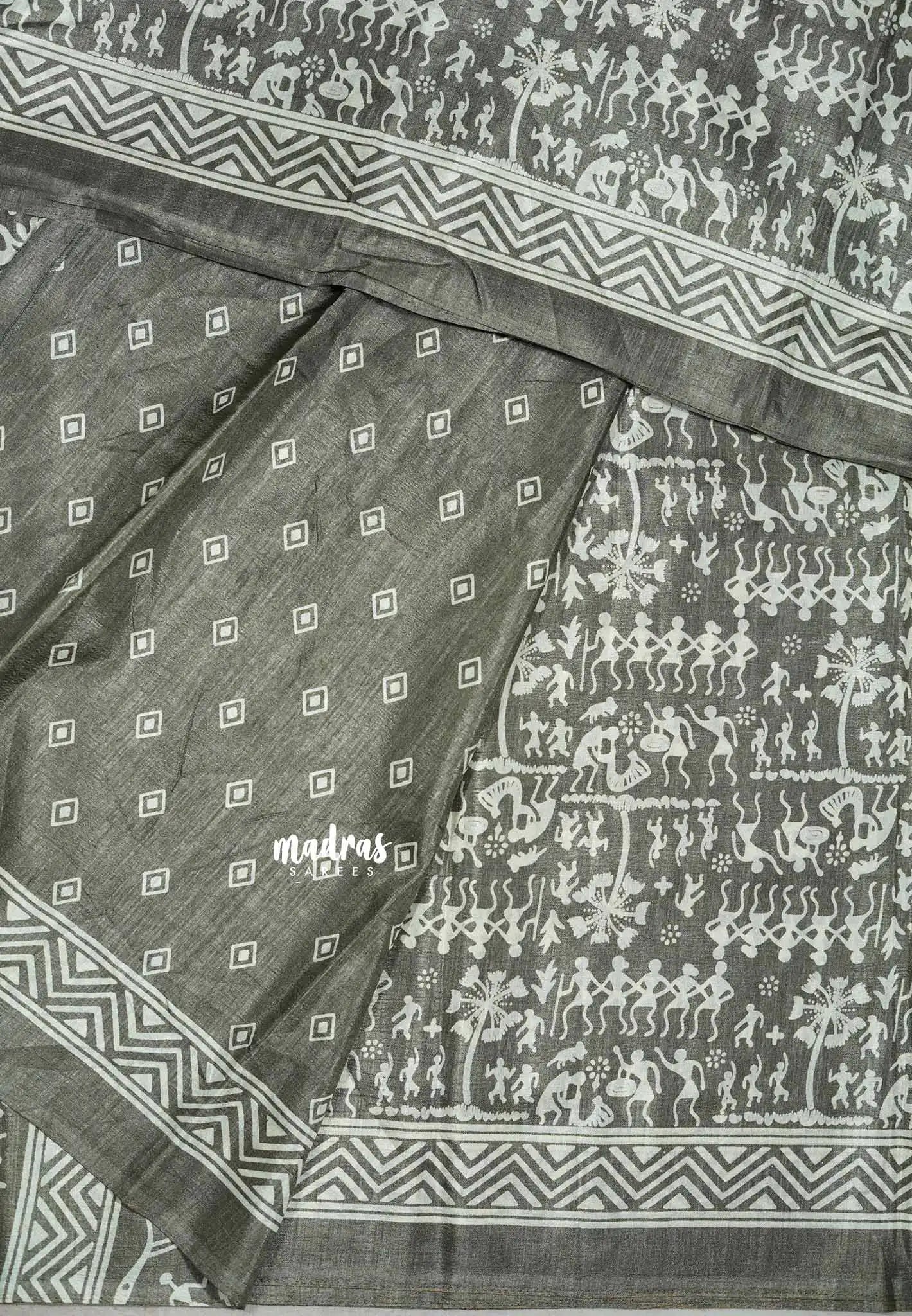 Pastel Grey - Uniform sarees Malgudi printed silk cotton warli prints