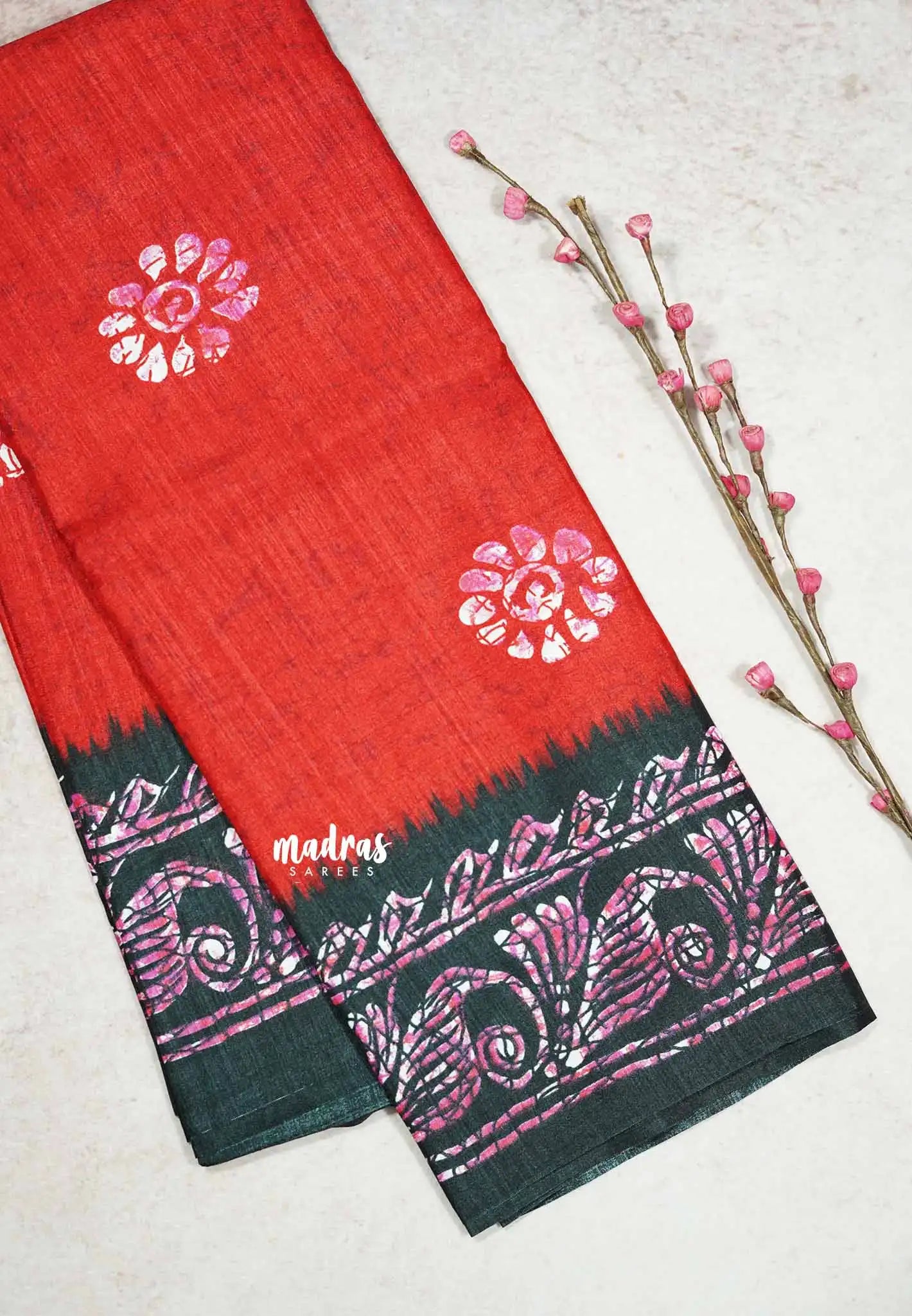 Red - Uniform sarees Malgudi printed silk cotton with batik prints