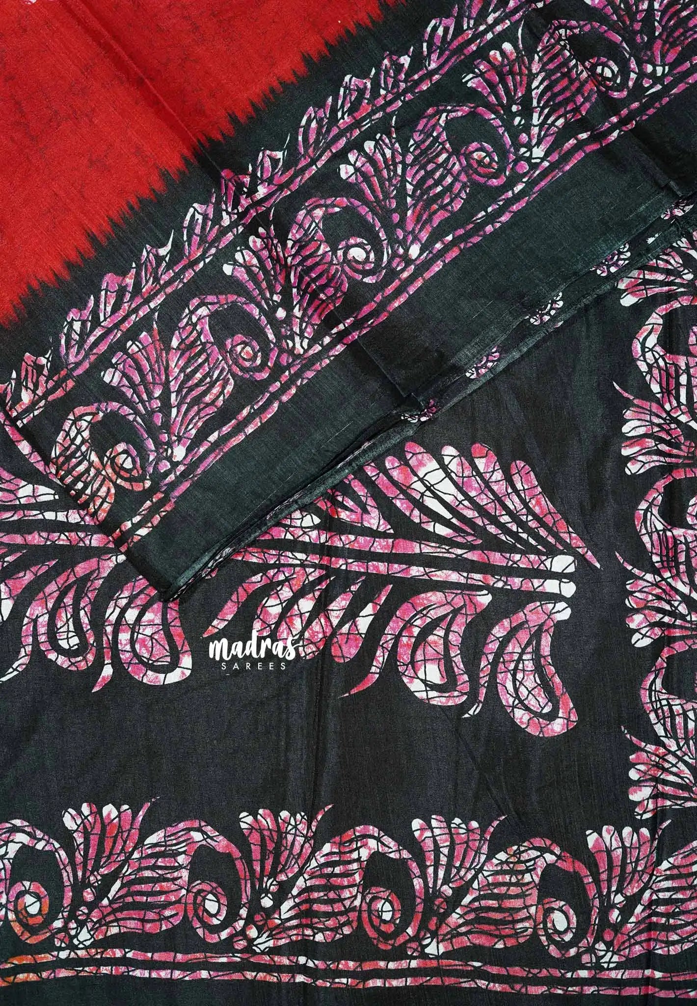 Red - Uniform sarees Malgudi printed silk cotton with batik prints