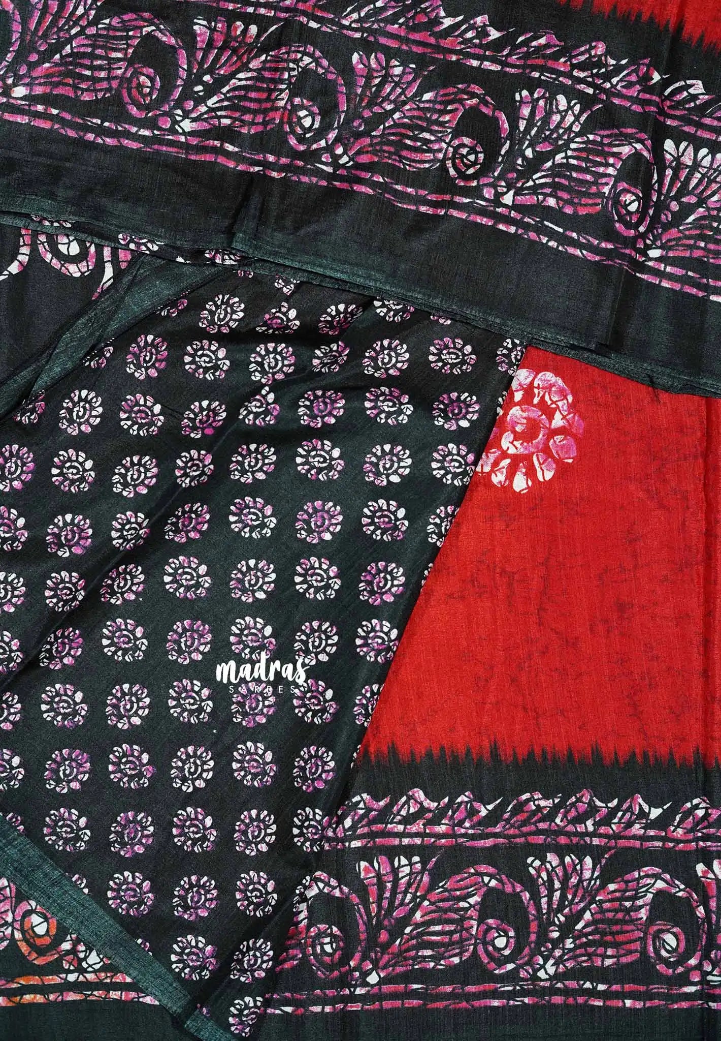 Red - Uniform sarees Malgudi printed silk cotton with batik prints