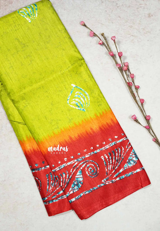 Neon Green - Uniform sarees Malgudi printed silk cotton with batik prints