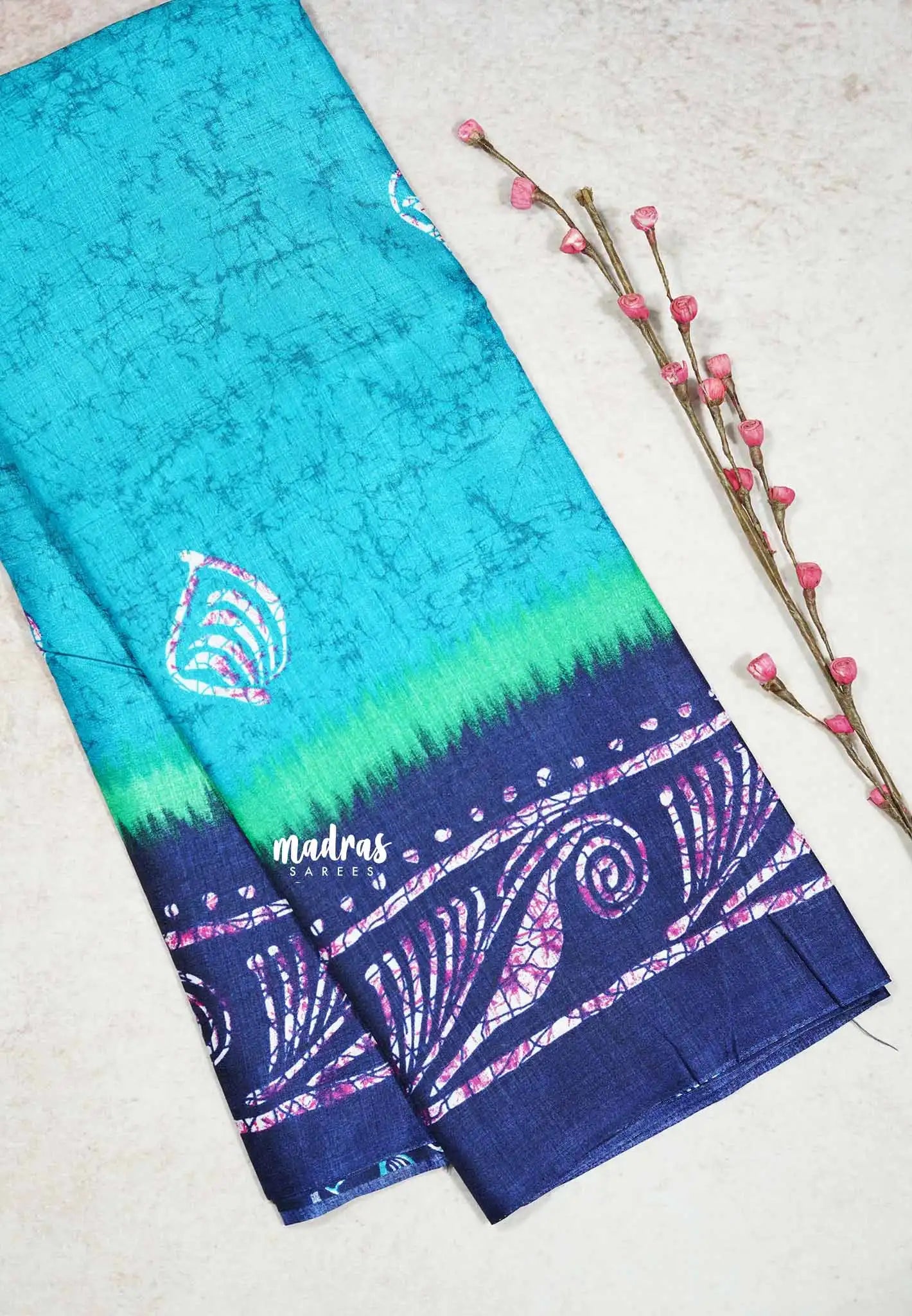Turquoise Blue - Uniform sarees Malgudi printed silk cotton with batik prints