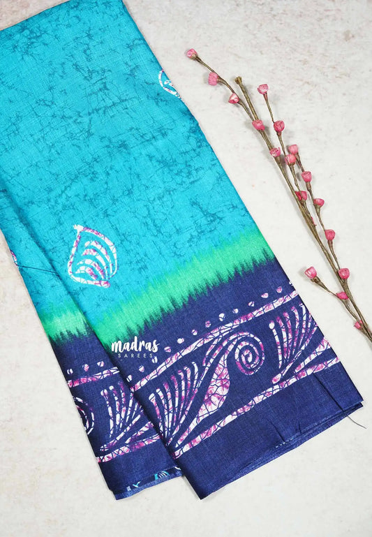 Turquoise Blue - Uniform sarees Malgudi printed silk cotton with batik prints