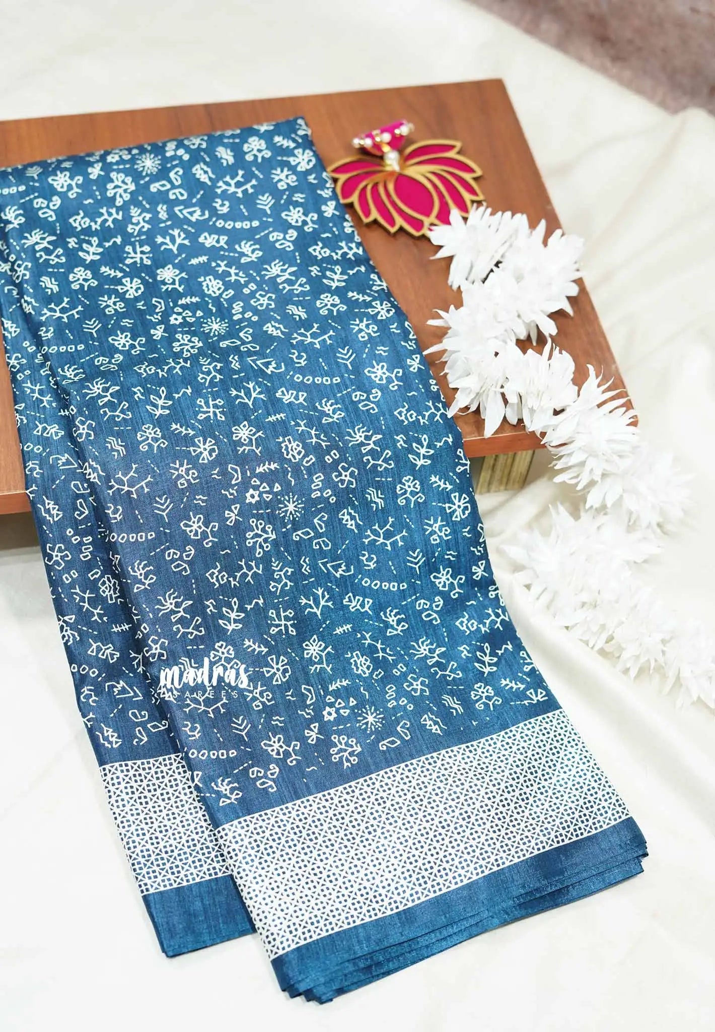 Peacock blue - Uniform sarees Malgudi printed silk cotton small prints