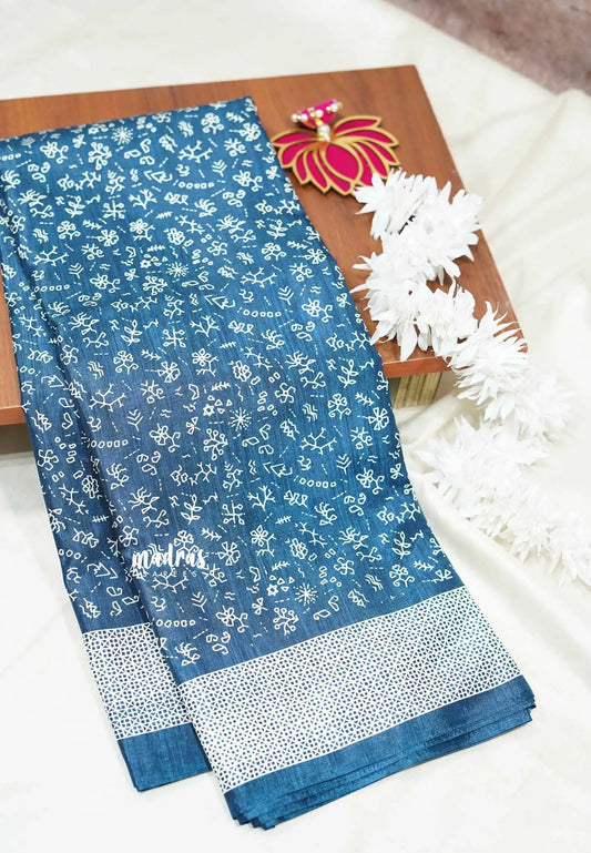 Peacock blue - Uniform sarees Malgudi printed silk cotton small prints