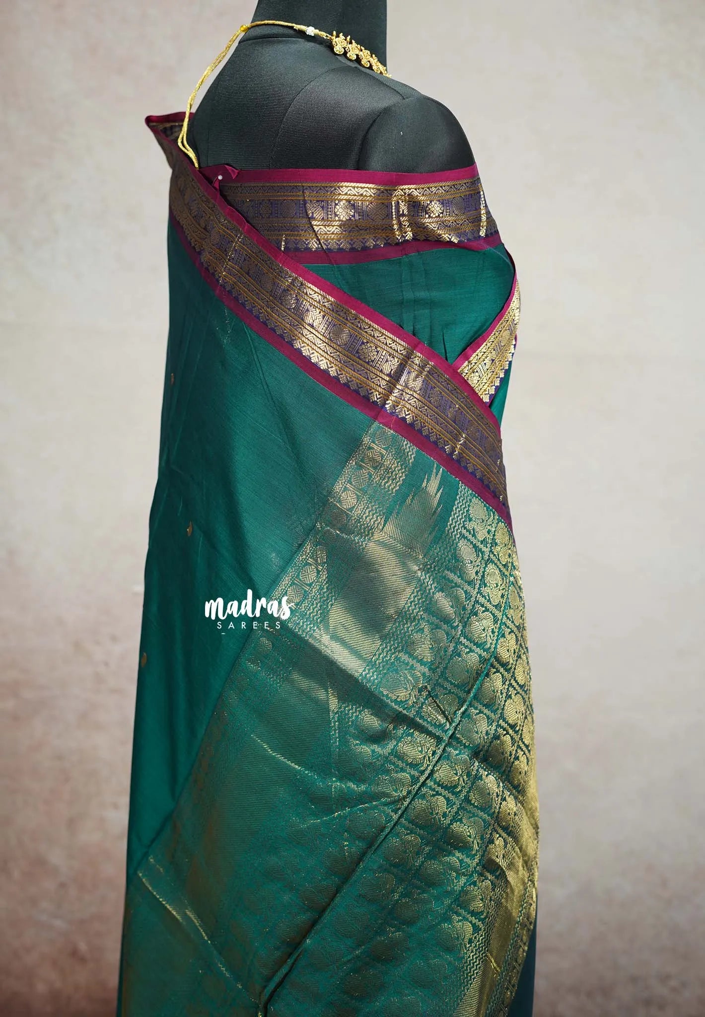 Peacock Jade Green  - vaibhogam 120 count Pure mercerized silk cotton small border with buttas Saree