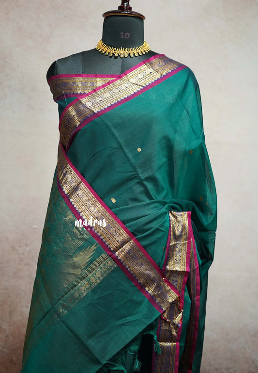 Peacock Jade Green  - vaibhogam 120 count Pure mercerized silk cotton small border with buttas Saree