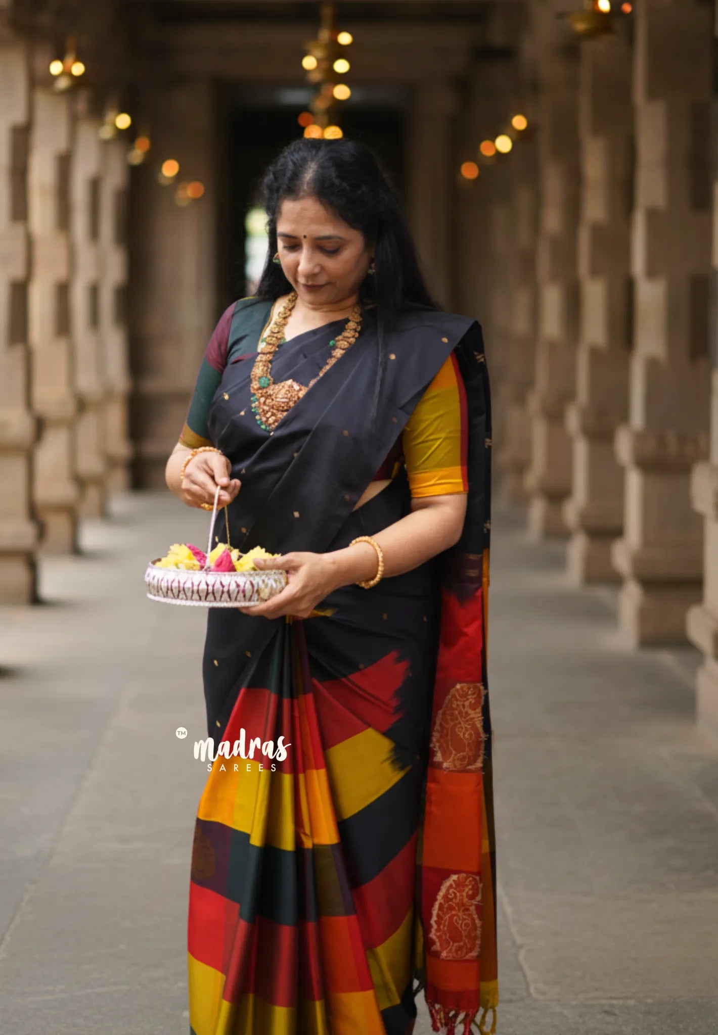 Ebony Black with Sunset Checks - Vedhavalli – Soft Silk Cotton Saree - Perfect for wedding