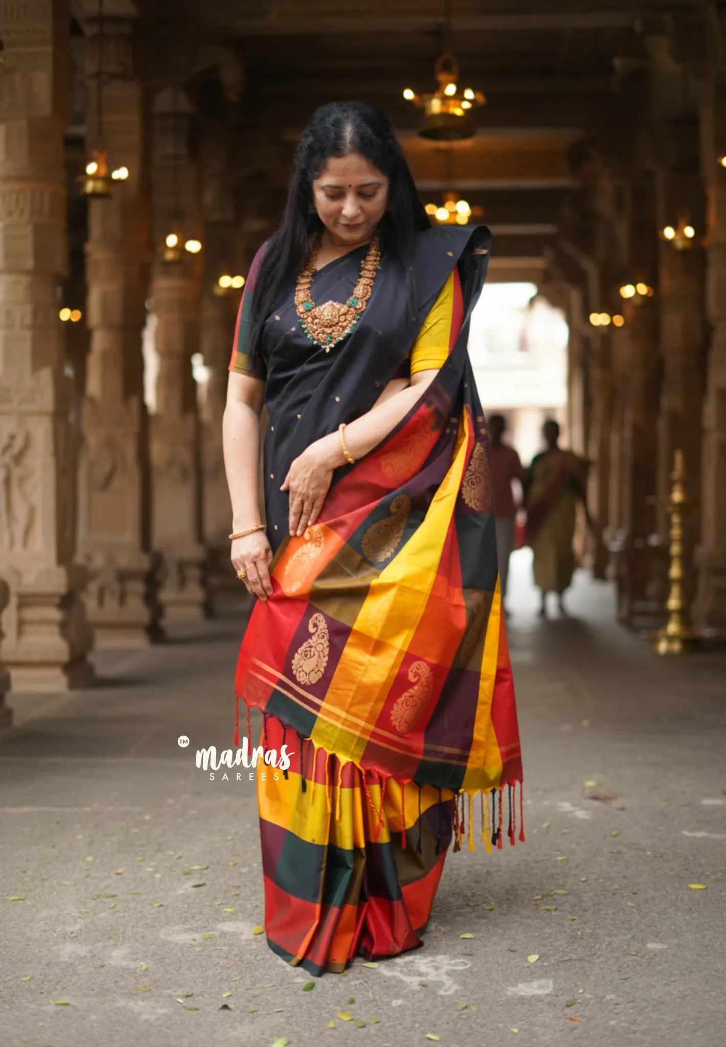 Ebony Black with Sunset Checks - Vedhavalli – Soft Silk Cotton Saree - Perfect for wedding