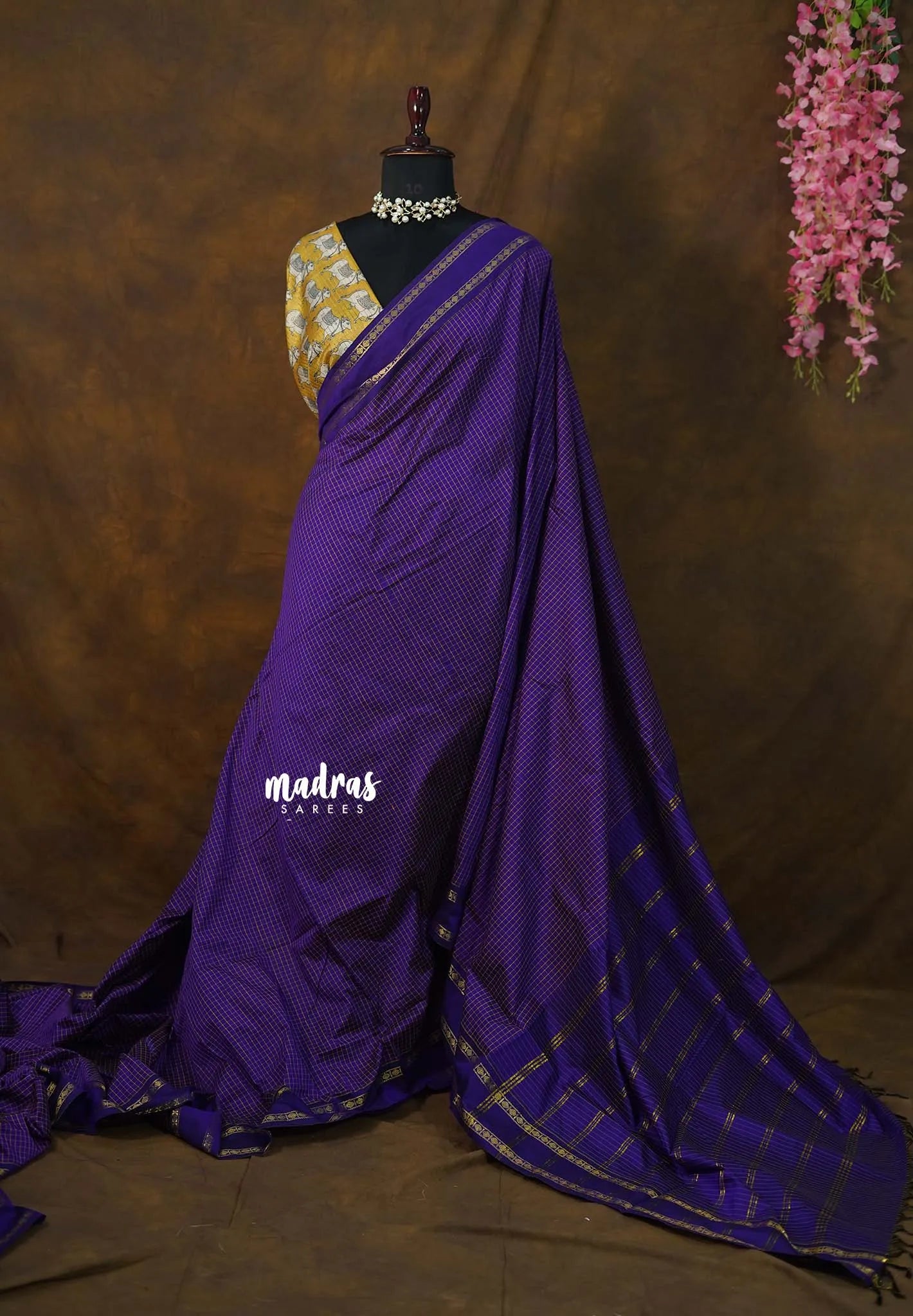 Royal Violet - Vintage gadwal silk cotton plain body multi chain boder saree with pichwai blouse combo