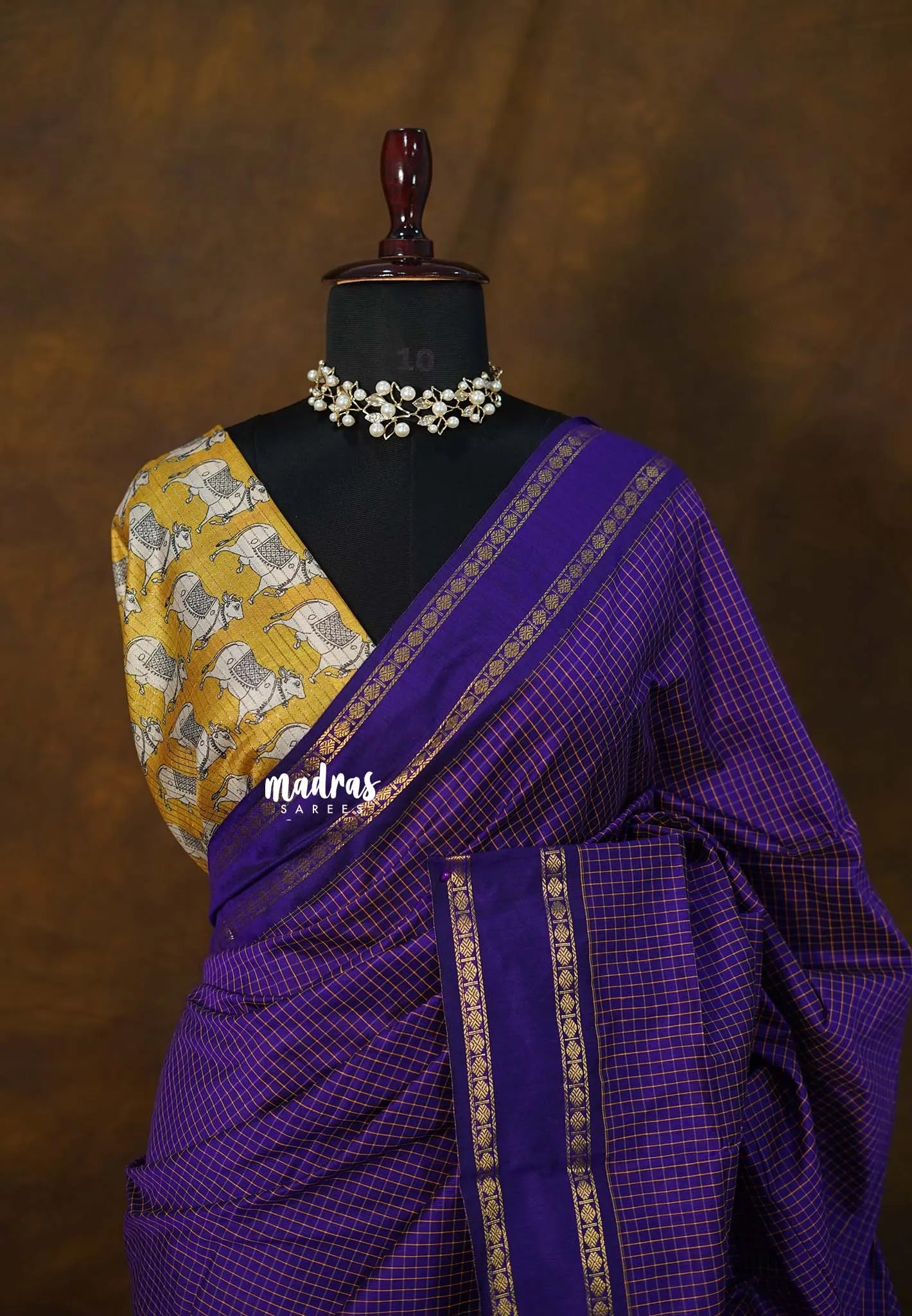 Royal Violet - Vintage gadwal silk cotton plain body multi chain boder saree with pichwai blouse combo