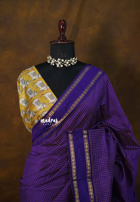Royal Violet - Vintage gadwal silk cotton plain body multi chain boder saree with pichwai blouse combo