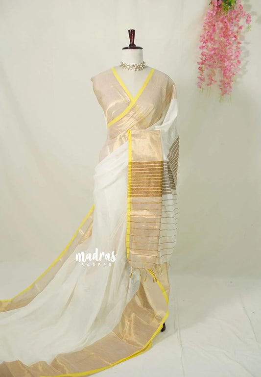 Ivory Cream - Soft Mul cotton saree with Tissue Border No Blouse - Perfect for Evening party | Reception