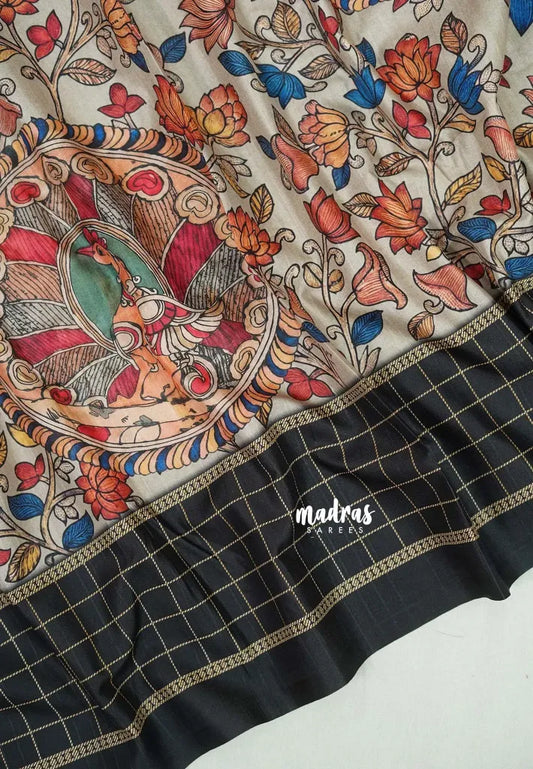 Ivory with Black border - Yamini Paper Silk Cotton Saree with Kalamkari Prints Black Checks Border - Best for Casual Wear | Office | college wear