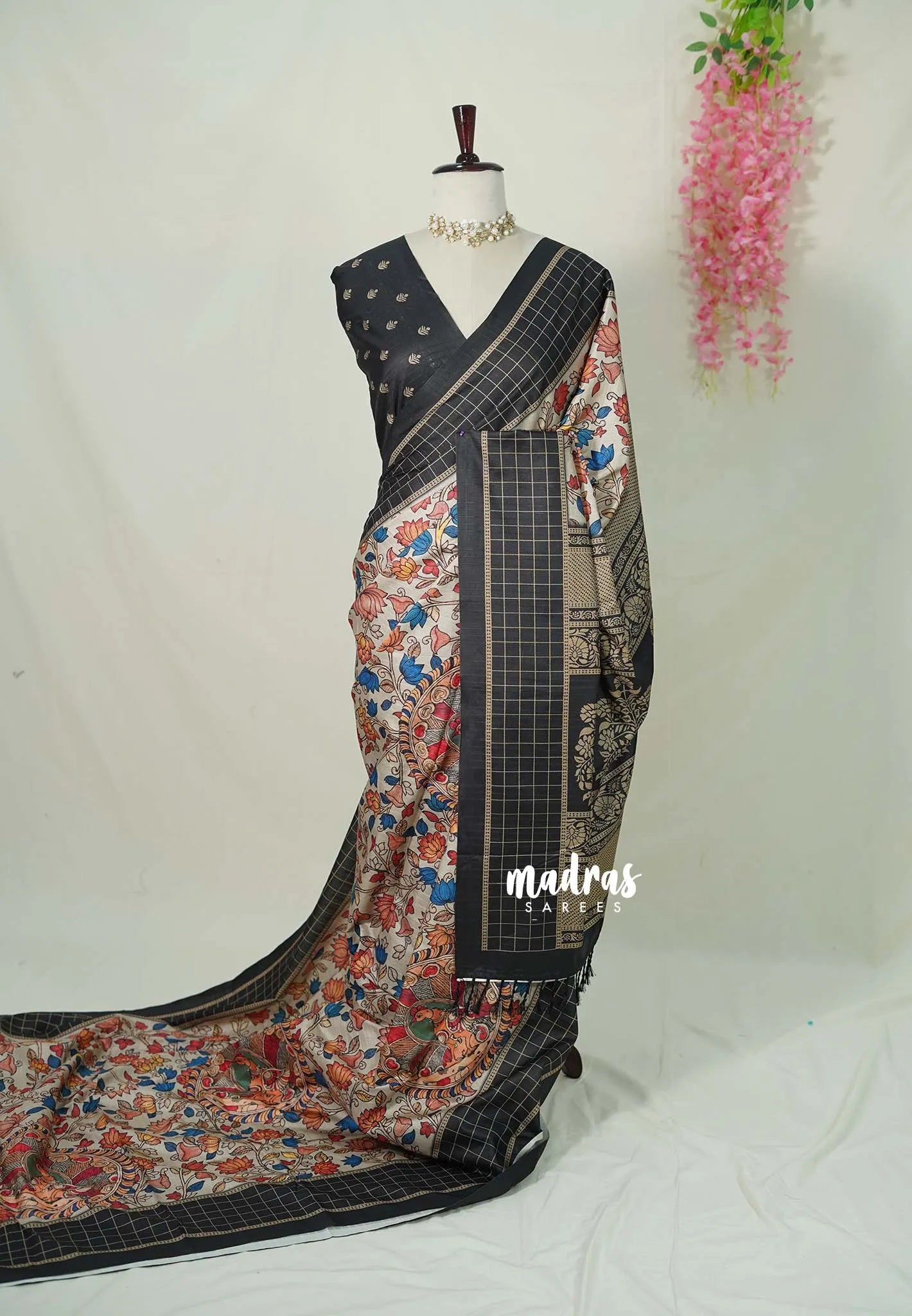 Ivory with Black border - Yamini Paper Silk Cotton Saree with Kalamkari Prints Black Checks Border - Best for Casual Wear | Office | college wear