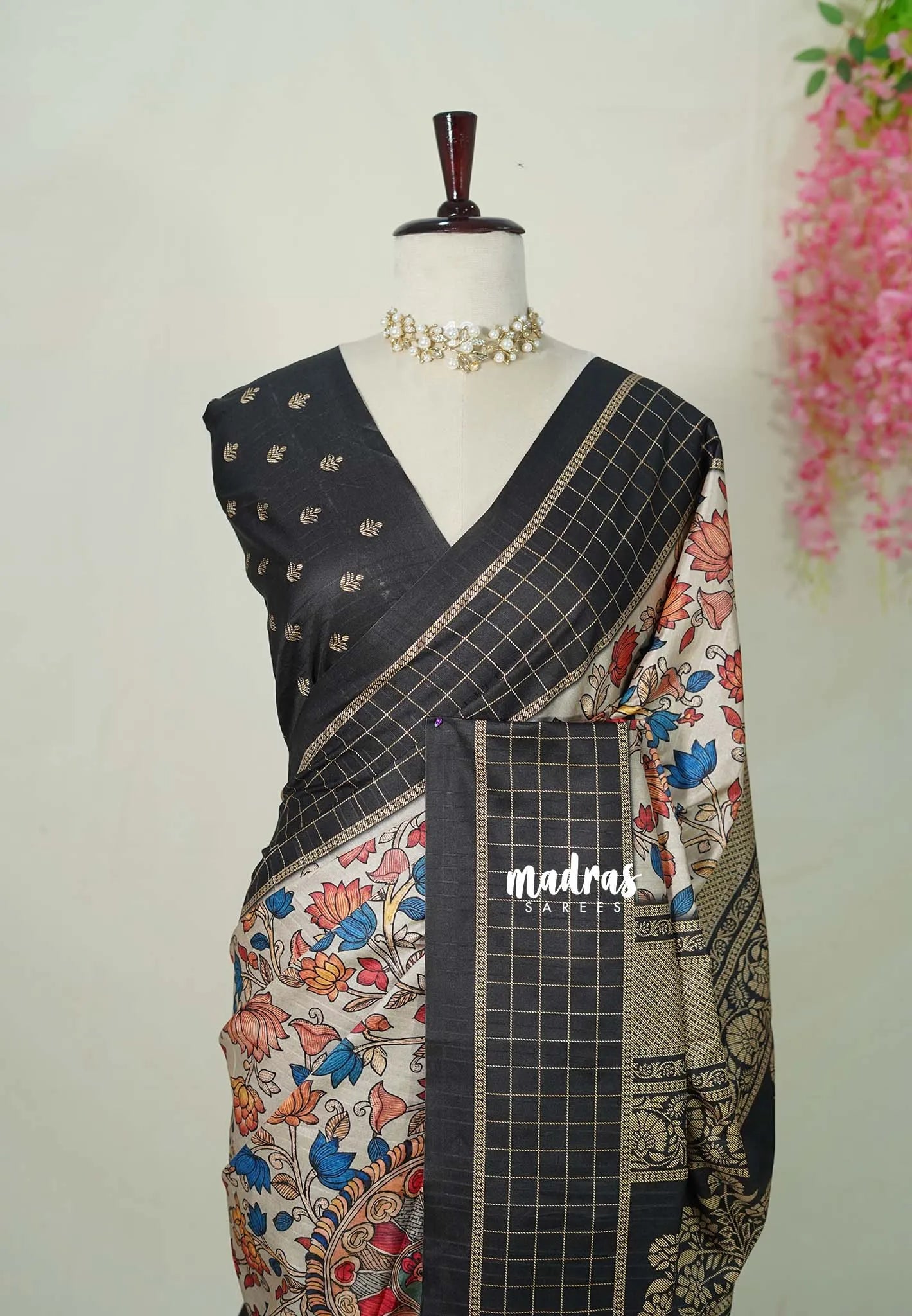 Ivory with Black border - Yamini Paper Silk Cotton Saree with Kalamkari Prints Black Checks Border - Best for Casual Wear | Office | college wear