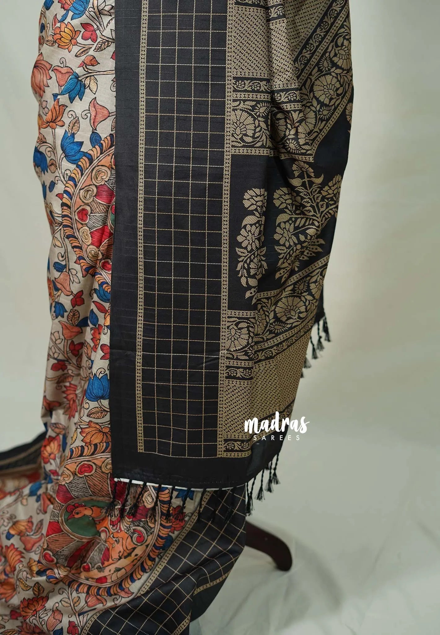 Ivory with Black border - Yamini Paper Silk Cotton Saree with Kalamkari Prints Black Checks Border - Best for Casual Wear | Office | college wear