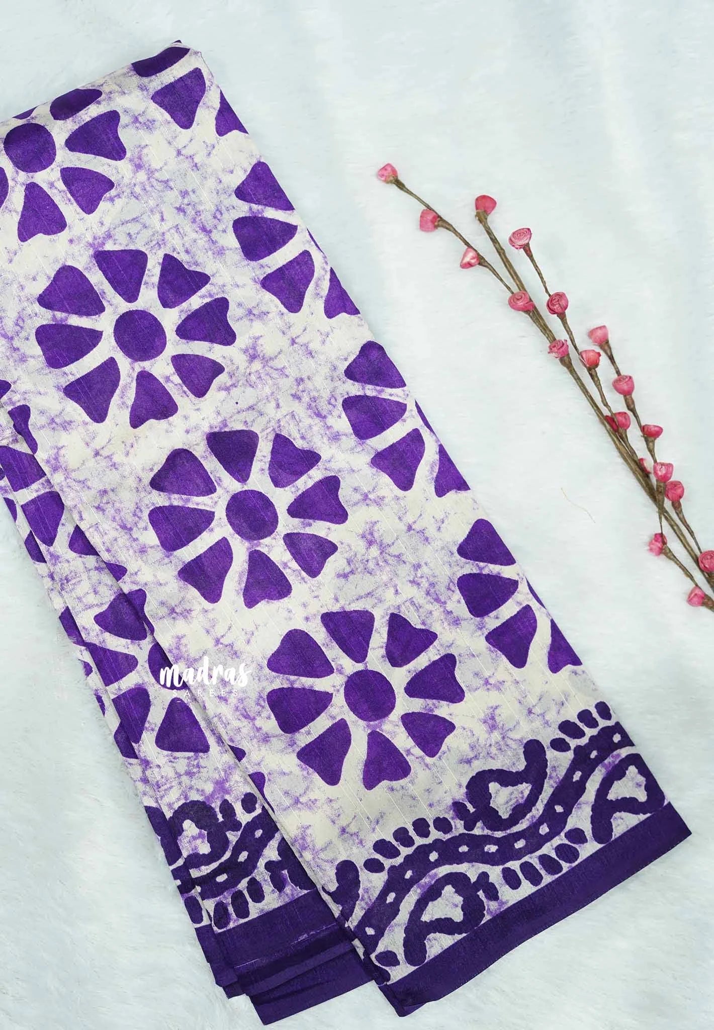 Offwhite purple flower - Zara Malgudi Fusion printed silk cotton Saree