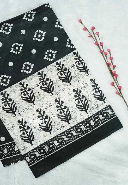 Black and bigborder white - Zara Malgudi Fusion printed silk cotton Saree