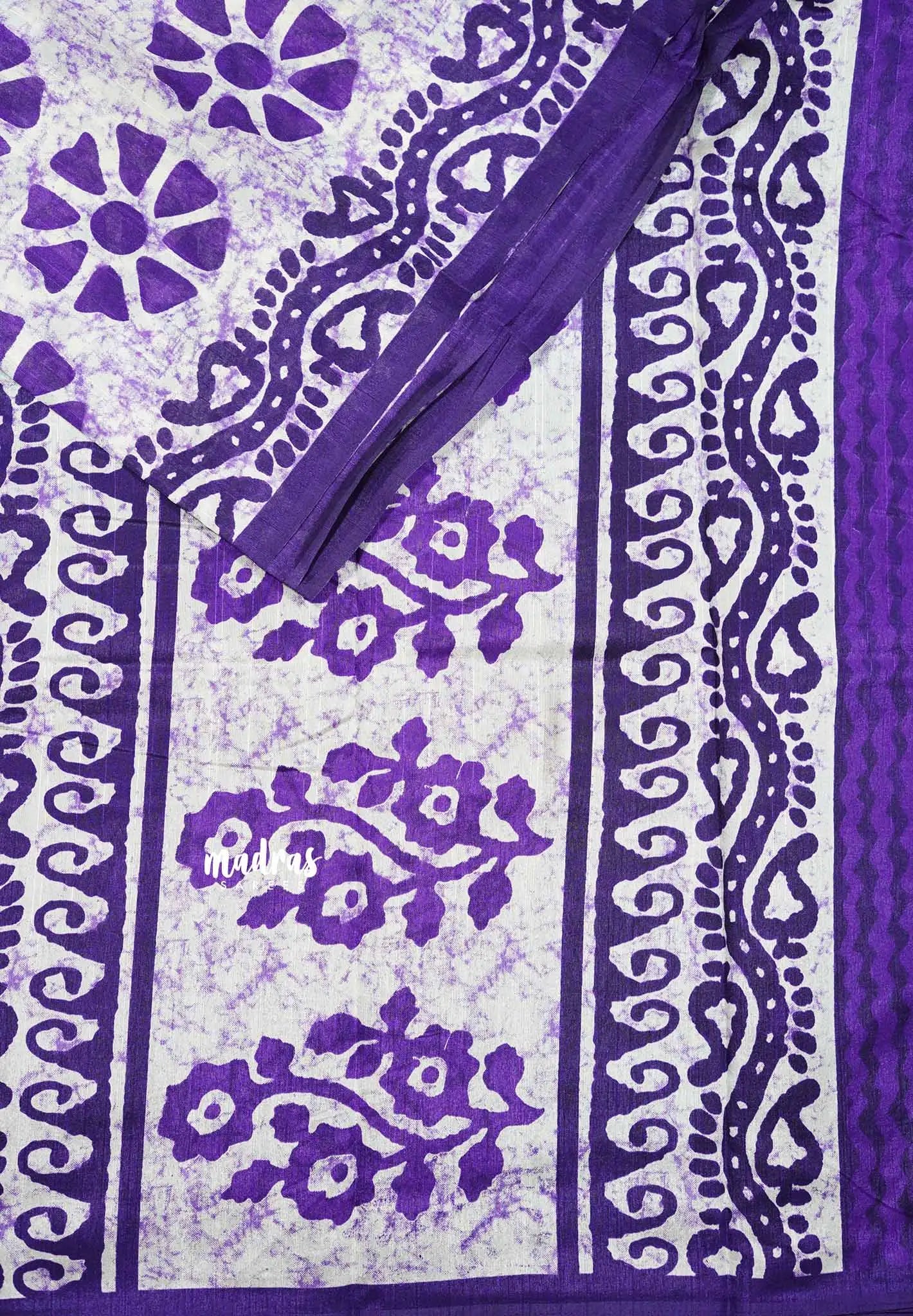 Offwhite purple flower - Zara Malgudi Fusion printed silk cotton Saree