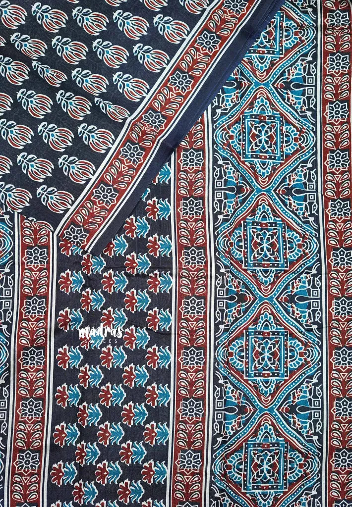Deep blue floral buttas - Zara Malgudi Fusion printed silk cotton Saree