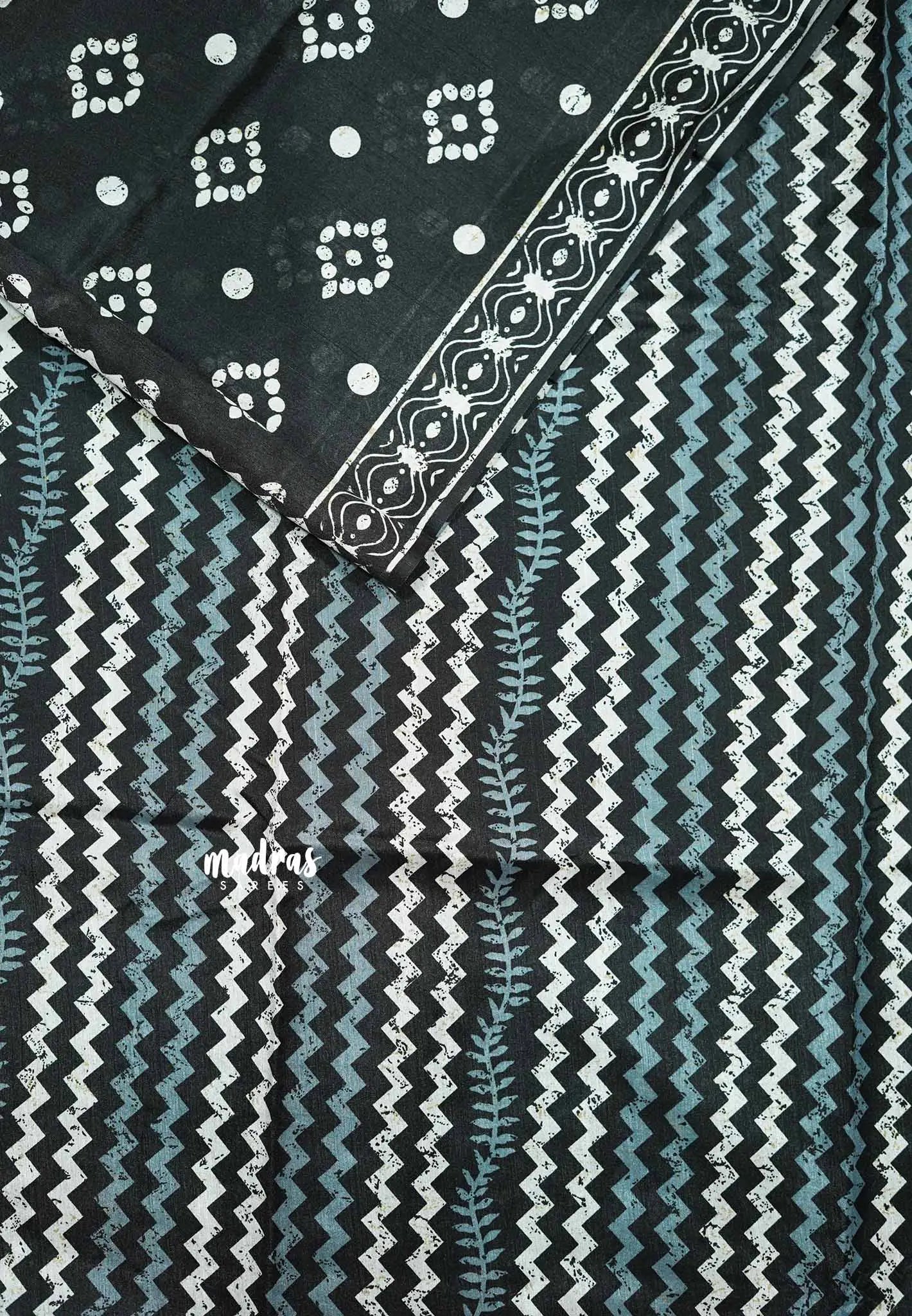Black and bigborder white - Zara Malgudi Fusion printed silk cotton Saree