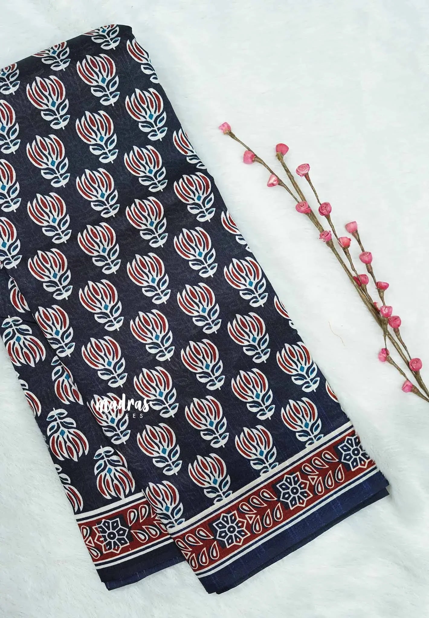 Deep blue floral buttas - Zara Malgudi Fusion printed silk cotton Saree