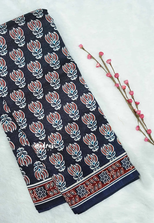 Deep blue floral buttas - Zara Malgudi Fusion printed silk cotton Saree