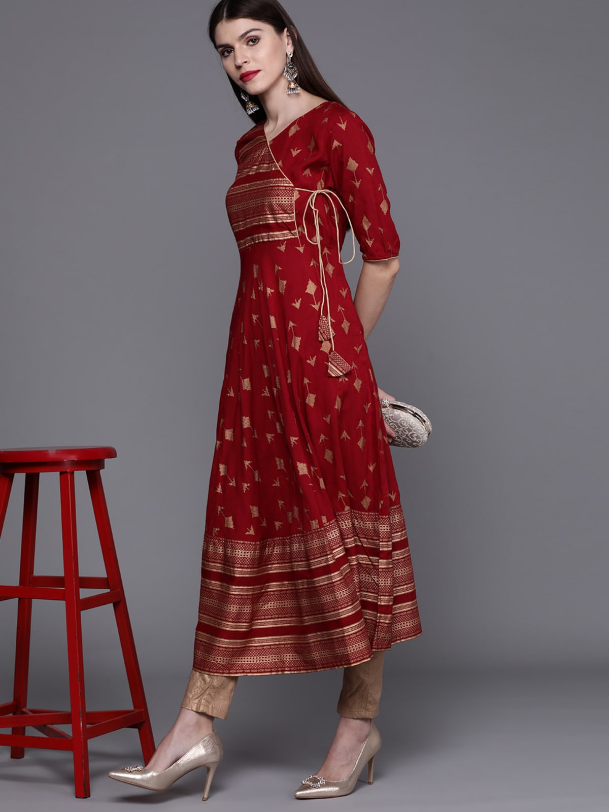 AKS Couture Cotton Geometric Print Anarkali / Umbrella Cut / Gher  For Women
