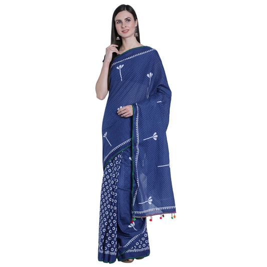 Dark Blue with Light Green Border Jaipuri Cotton Saree