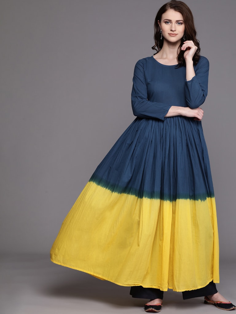 AKS Couture Cotton Colourblocked Anarkali / Umbrella Cut / Gher  For Women