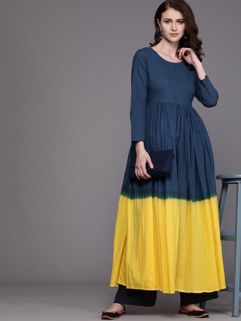 Couture Cotton Colourblocked Anarkali / Umbrella Cut / Gher  For Women