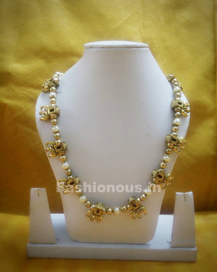 Antique Gold alter White Pearl and Pretty Elephant Beaded Polymer Clay Jewellery Set
